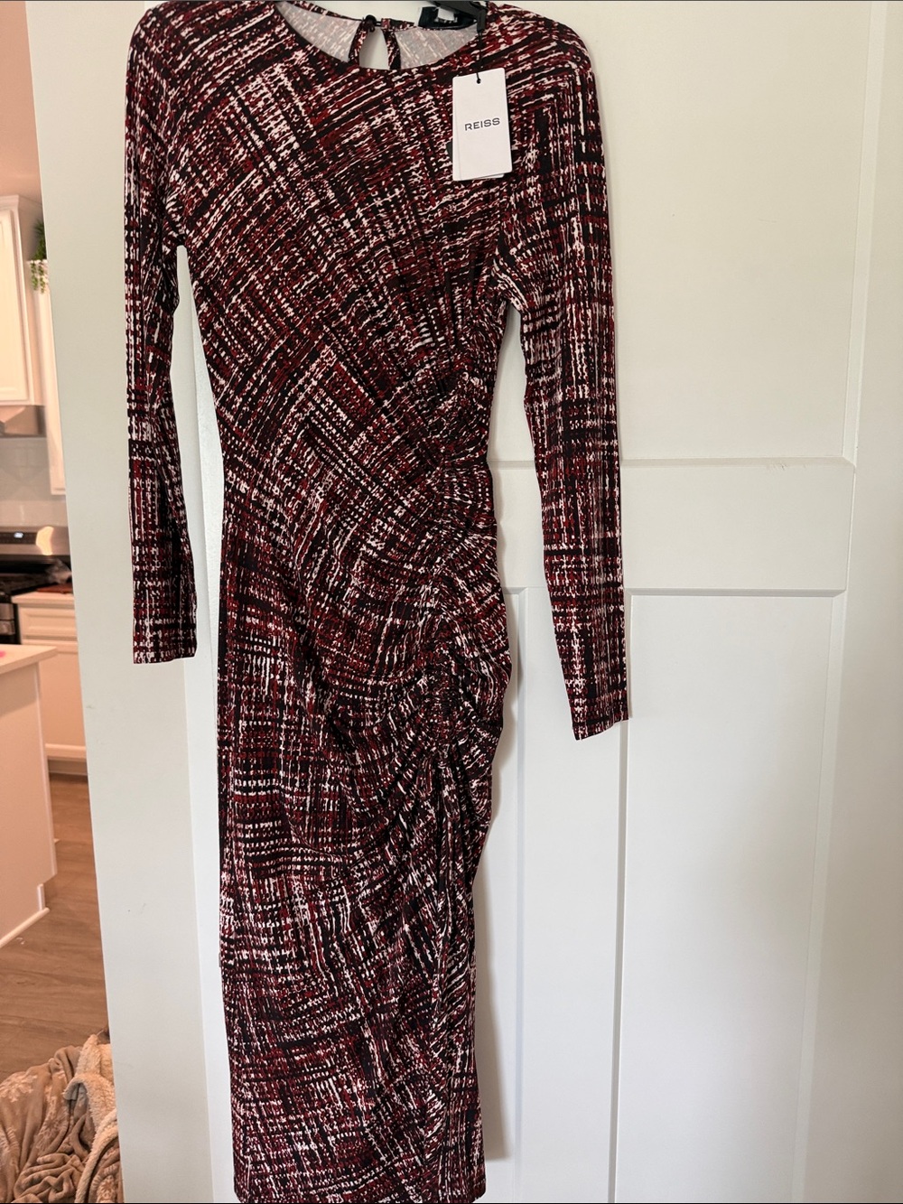 Reiss Burgundy, Black & cream Long Sleeve Ruched Midi Dress
